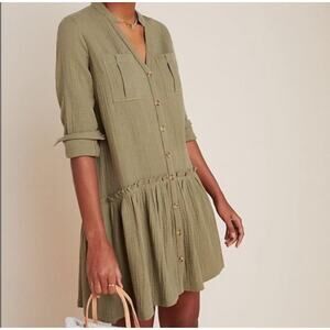 Anthropologie Maeve Women's Katie Textured Green Button Front Tunic Dress Sz 6